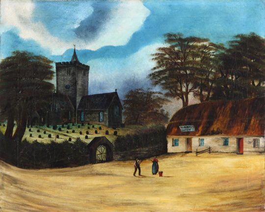 The Church & Black Lion at Llanbadarn Fawr by Alfred Worthington. Sold